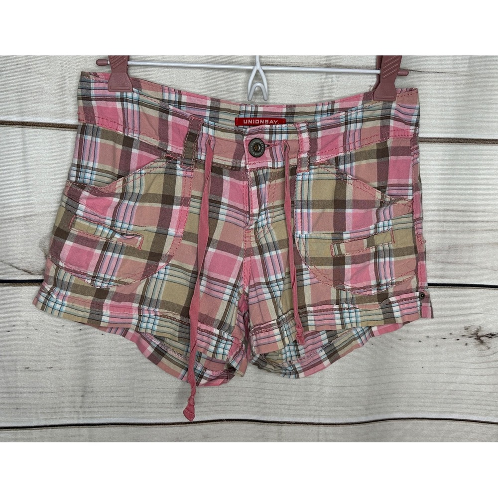 Unionbay Plaid Shorts Women Size 0 Pink Brown Cotton Drawstring Low Rise Casual